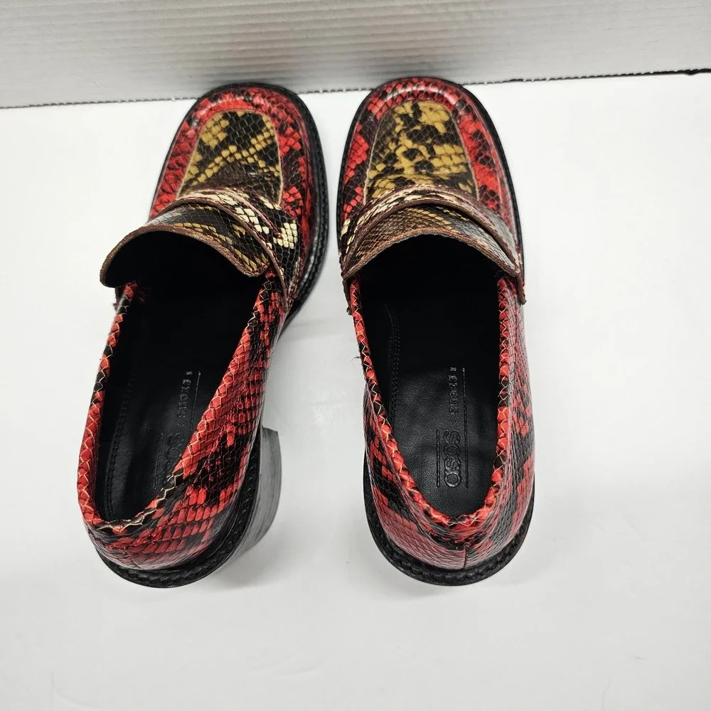 ASOS Womens Sz 6 Chunky Loafers Red Black Faux Snakeskin 3